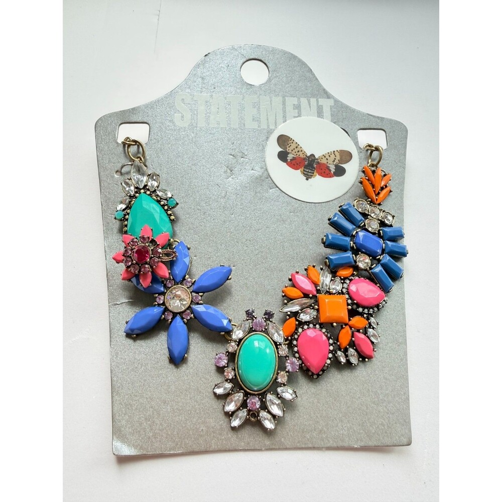 Vintage Neon Pink Turquoise Cabochon Rhinestone Chunky Bib Statement Necklace